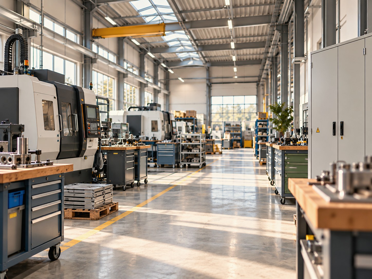 Helle Produktionshalle mit Werkbänken und geschlossenem Schaltschrank