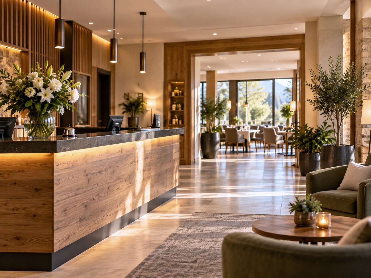 Empfangsbereich eines inhabergeführten Hotels am Morgen